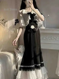 GETADME French Vintage Fairy Mermaid Dress Women Lace Korean Party Princess Strap Dress Female 2025 Spring Court Sweet Lolita Midi Dress