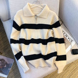 GETADME Lucyever Women's Turndown Collar Striped Sweater Vintage Loose Long Sleeve Knitwear Female Autumn Winter Warm Knitted Jumper Top