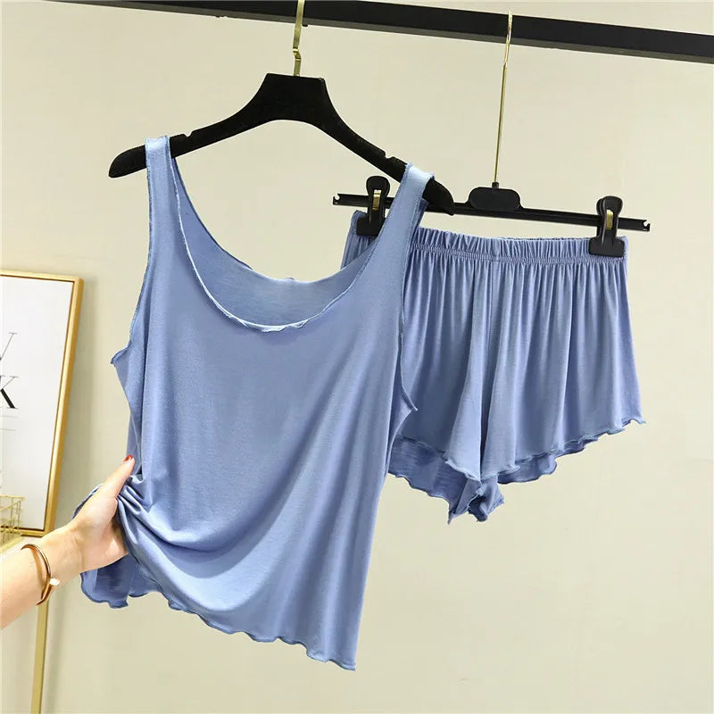 GETADME Pyjama décontracté pour femme, ensemble deux pièces d'été composé d'un débardeur et d'un short en modal, col rond, sans manches, idéal pour la maison.