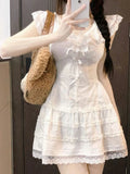 Getadme-Y2k Coquette White Lolita Sweet White Kwaii Cute Mini Dress Women Lace Bow Princess Slip Lace Short Dresses 2024 Fashion