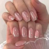 GETADME 24Pcs Short Square Coffin False Nails Square Fake Nails with Glue French Glitter Wearable Acrylic Nails Set Press on Nail Tips