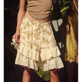 GETADME Women Summer Boho Floral Bloomers Knee Length Pantaloons Coquette Layered Ruffles Lace Loose Shorts Vacation Going Out Bottoms