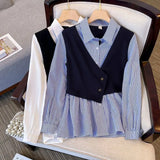 Getadme Spring and Autumn Outfits Women's New Stripe Fashion Fake Two Piece Polo Neck Shirt High Waist Casual Pants Two Piece Suit