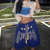 GETADME Summer Lace-up Y2K Loose Couples Shorts Klein Blue American Vintage Street Elastic Waist Knee Short Sweatpant Women Letter