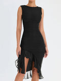 GETADME Elegant Ruffle Ruched Midi Dress For Women Robe Summer New Backless Sleeveless Irregular Club Party Sexy Dress Vestido