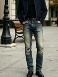 GETADME 【HME】Men's jeans | High quality men denim pants with distressed detail, loose straight leg denim design, natural worn wash texture, reinforced knee rip patches, frayed ankle cuffs, neat sewing process, high tolerance for leg shapes, multi-scene ma