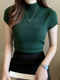 GETADME Women's Half-High Neck T-Shirt Fashion Jumper Casual Tops Korean Style Elegant Solid-Coloured Clothing Spring And Summer Season