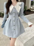 Getadme-Korean Style Blue Mini One Piece Dress Women Japanese Y2k Harajuku Long Flare Sleeve Corset Princess Dresses Winter