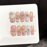 GETADME 10pcs Handmade Press On Nails Light Pink French Style White Long Coffin False Nails Cute 3D Rabbit Designs Sweet Fake Nail Tips