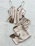 GETADME Comfortable Fashionable 2pcs V Neck Leopard Print Suspender Long Pants Pajama Set