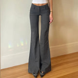 GETADME Lucyever Grey Low Waisted Flared Pants Female Y2K High Street Retro Wide Leg Trousers Fashion Slim Pocket Office Lady Suit Pants