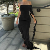 GETADME Summer Newly Irregular Ruffle Fringe Party Off Shoulder Dress Elegant One Sleeve 2025 Slim Hip Package Lady Split Vacation Robes