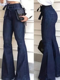 GETADME Ladies Deep Blue High Waist Bell Bottom Jeans Elastic Stretch Leg Lengthening Belted Waist