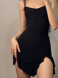 Getadme Dark Gothic Sexy Black Dress Women Streetwear Aesthetic Y2k Spaghetti Strap Lace Patchwork Irregular Hem Dress Female