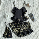 GETADME 3 Pcs Summer Women Dress Silk Pajamas Fashion Print Suspenders and Shorts With Hanging Bag Home Wear Set Sexy