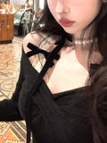 Getadme-Fashion Simple Slash Neck Knitted Sweater Bow Fake Two Pieces Long Sleeve Slim Pullovers Black Chic Gothic Clubwear Streetwear