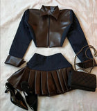 Veste en cuir style cowboy rétro gothique coréen Y2K, ensemble deux pièces, mini-jupe décontractée, style Harajuku.