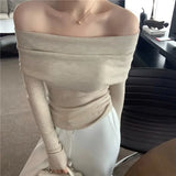 Getadme-Slash Neck Pullovers Women Short Knitted Thin Slim Defined Waist Basic All-match Sexy Elegant Off Shoulder Autumn Winter Female