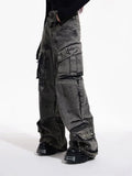 GETADME Trashy Y2K 2000S Streetwear Vintage Grey Baggy Pleated Cargo Jeans Pants For Women Clothing Multi Pockets Wide Leg Lady Trousers
