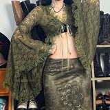 GETADME Green Y2K Mori Girl Flared Sleeve Cardigan For Women Tie-up Lace Cover-Ups Perspective Ruffes Cropped Shirts Coquette
