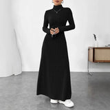 GETADME Autumn/Winter Women's Fashion Dress Elegant Slimming Turtle Neck Polo Long Sleeve Solid Color Ribbed Dress for Your Style