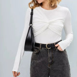 GETADME 탑 티셔츠 여성용 라운드넥 긴팔 타이트 점프수트 유럽 아메리카 섹시 플리츠 점프수트 하이스트리트 미드웨이스트 탑 신상품