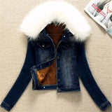 GETADME 2025 Autumn Winter Fleece Denim Jacket Women Big Fur Collar Short Coat Thicken Velvet Liner Warm Tops Lady Jean Coat Outerwear