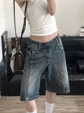 Getadme-Summer American Vintage Denim Pants Loose Casual Knee Length Jean Shorts Wide Leg Kpop Y2k Streetwear Women Grunge Hip-pop Chic