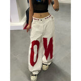 GETADME ZHIZOU Women White Letter Print Y2k Baggy Jeans 2000s Style Denim Trouser Harajuku Vintage Oversize Hip Hop Jeans Pants Autumn