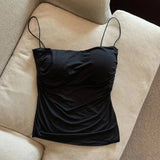 GETADME Women's Sleeveless Pleated Slim Fit Vest Sexy Hot Girl Short Top With Thin Shoulder Straps Solid Color Simple Fashion Vest