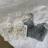 GETADME Three-dimensional embroidered bra sexy lace fish bone corset widened breasted with steel ring 2/1 half cup bralette underwear
