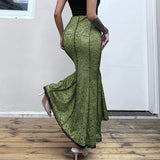 GETADME Lace Stitching Skirts For Women Vintage Floral Printing Green Elegant Evening Party High Elastic Waist Mermaid Skirts Fall 2025