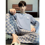 GETADME 플러스 사이즈 남성 파자마 세트 봄/여름 플레드 단색 학생용 잠옷 홈웨어 상의 및 바지 나이트웨어 라운지웨어