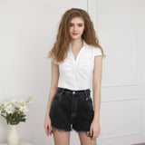 GETADME Women Summer Kawaii Solid Shirring Button Up Turn Down Collar Short Sleeve White Shirts Ladies Office Casual Summer Clothes