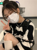 Getadme-Harajuku Striped Oversized Sweater Women Vintage Hollow Out Knitted Jumper Korean Casual Pullover Tops Y2K Streetwear