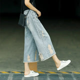 GETADME Capri Jeans Woman Ripped Jean Summer Clothes Baggy Capri Pants Wide Leg Denim High Waist Loose Korean Reviews Many Clothes Women