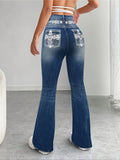 GETADME Slimming Micro Flare Pants Polyester Elastic Printed And Embroidered Denim Look Bottoms for Women Elegant Fashionable