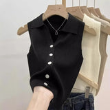GETADME 여름 시크 아이스 실크 니트 폴로 라펠 씬 슬림핏 실루엣 탱크 아우터 베스트 여성용 숄더 베스트 노슬