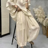 GETADME Ramie Set For Women Large Size With Bat Sleeves V-neck Cotton Linen T-shirt Casual Lantern Pants Two-Piece Set For Autumn E5175