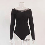 GETADME Autumn 2025 Fashion Overlapping Fold Off-the-shoulder Solid Color Female Bodysuit Long Sleeved Simple All-match Slim Basic Top