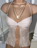 GETADME Dghisre Fairy Grunge Halter Camisole Tops Bandage Spaghetti Strap Lace Trim Split Crop Tops Vintage Korean Tee Kawaii Fairy Tops