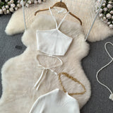 GETADME Summer KnittedTwo Piece Dresses Sets Women Skirt Suit Sexy Slim Crop Tops Long Split Skirt Dress Halter Camis With Skirt
