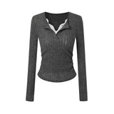 GETADME Women's Top Lace Patchwork Long Sleeve T-Shirt Base Shirt Fashion Vintage Fake Two-piece V-neck T-shirt Aesthetic Clothes