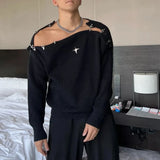 GETADME Mens Sweater Sexy Buckle Off-Shoulder Sweater Streetwear Fashion Youth Campus Versatile Long-Sleeved Top Men'S Clothing  New