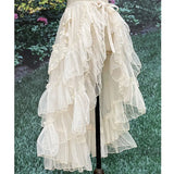 Getadme Sweet Lolita Style Double Layer Lace Asymmetrical Ruffled Skirts Women Summer Mesh Cute Curtain Sheer Cover Up Thin Long Skirt