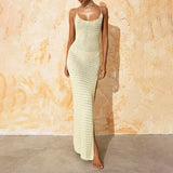 GETADME Vintage Crochet Backless Tie Up Long Dress Beach Boho Knitted Maxi Dresses Women Sleeveless Slim Split Dress Cocktail Club Party