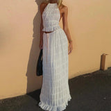 Getadme Women Boho Sexy Backless Matching Suit 2 Piece Beach Holiday Outfits Vintage Ruched Halter Cami Tops + Maxi Long Skirt Party