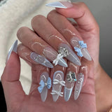 GETADME 24Pcs 3D Strawberry Rabbit Flower Fake Nails Press on Mid-length Almond Wearable False Nails Green Gradient Pearl Manicure Tips