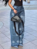 GETADME Women's Jeans 2025 Spring Autumn New Fashion Floral Print High Waist Pocket Design Loose Jeans Straight Leg Casual Spants