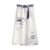 GETADME 2025 New Women Skirt White Denim Long Skirts Letter Print Korean Style Fashion Hole Oversize Plus Size Female Skirts